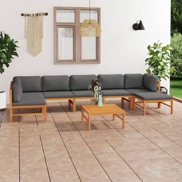 vidaXL Set de muebles de jard&iacute;n 8 pzas madera de teca y cojines gris