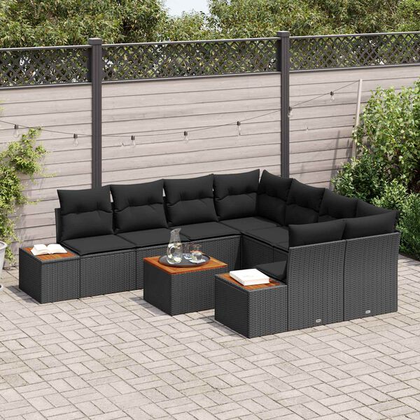 vidaXL Conjunto de sof&aacute; de jard&iacute;n con coj&iacute;n 9 pcs Negro Polirat&aacute;n