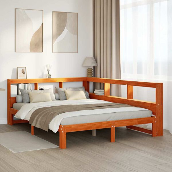 vidaXL Cama con estanter&iacute;a sin colch&oacute;n madera maciza marr&oacute;n 140x190 cm