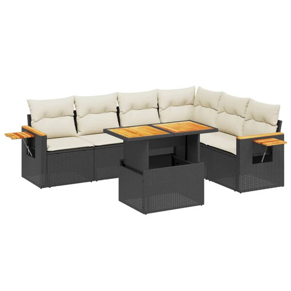 vidaXL Set de comedor de jard&iacute;n 7 pzas y cojines rat&aacute;n sint&eacute;tico negro