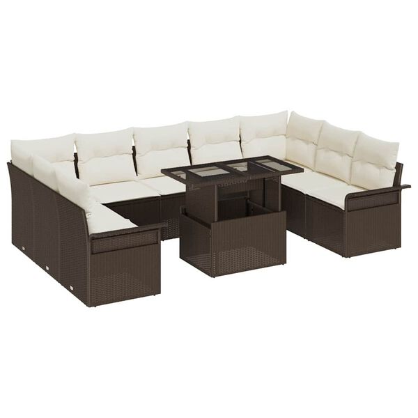 vidaXL Conjunto de sof&aacute; de jard&iacute;n 10 pcs Marr&oacute;n Rattan de Poli&eacute;ster