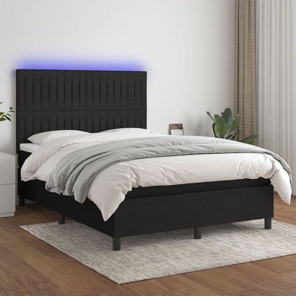vidaXL Cama box spring colch&oacute;n y luces LED tela negro 140x190 cm