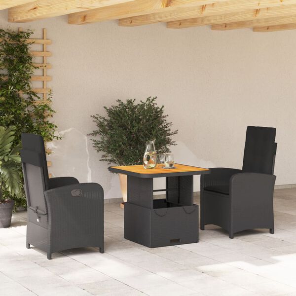 vidaXL Set comedor de jard&iacute;n 3 pzas con cojines rat&aacute;n sint&eacute;tico negro