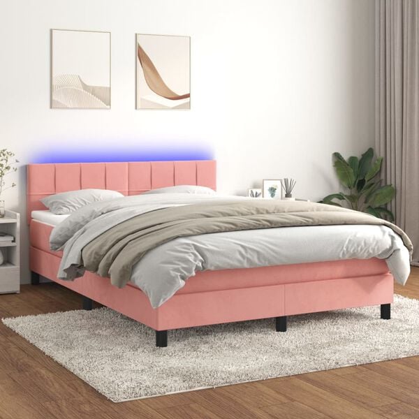 vidaXL Cama box spring colch&oacute;n y LED terciopelo rosa 140x190 cm