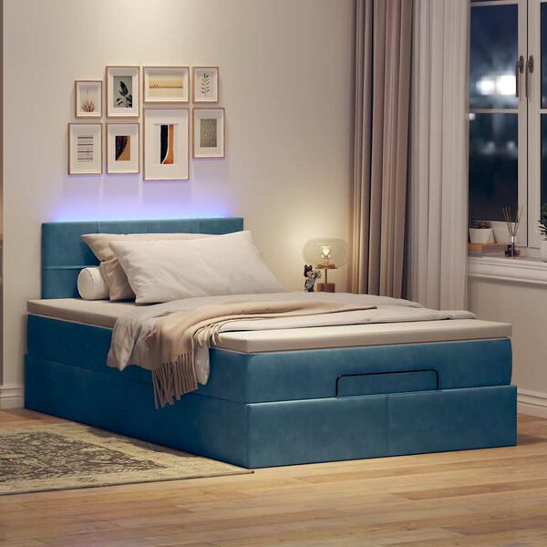 vidaXL Cama otomana con colch&oacute;n y LED terciopelo azul oscuro 120x190cm