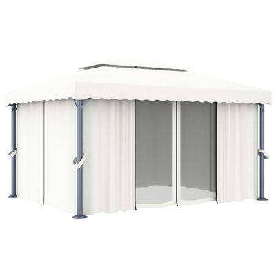 vidaXL Cenador con cortina y tira de luces LED aluminio crema 4x3 m