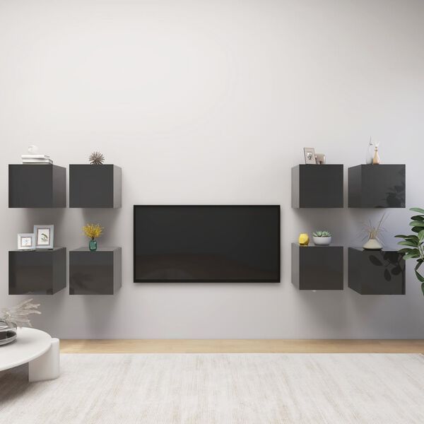 vidaXL Muebles de pared para TV 8 uds gris con brillo 30,5x30x30 cm