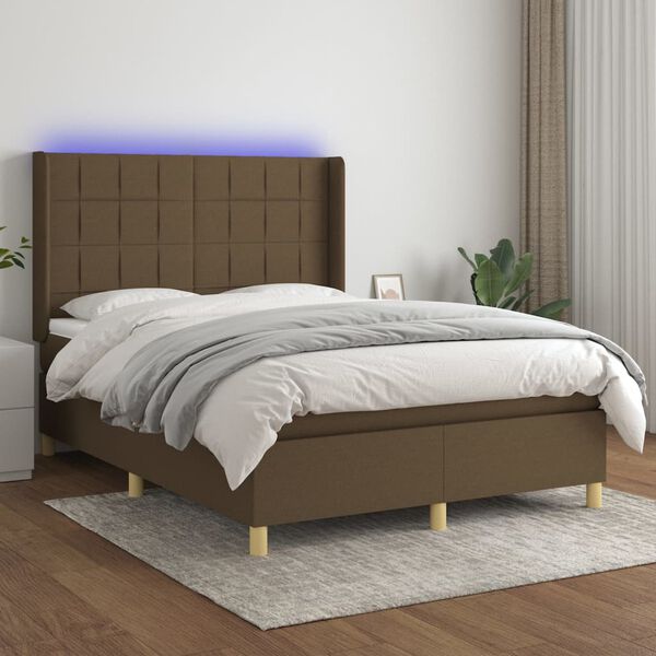 vidaXL Cama box spring colch&oacute;n luces LED tela marr&oacute;n oscuro 140x190 cm