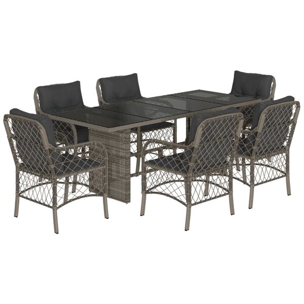 vidaXL Set comedor jard&iacute;n 7 pzas y cojines rat&aacute;n sint&eacute;tico gris