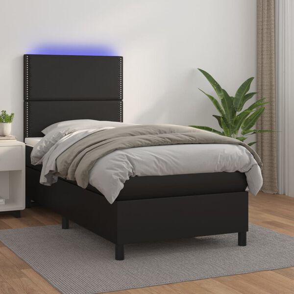 vidaXL Cama box spring y colch&oacute;n LED cuero sint&eacute;tico negro 90x200 cm