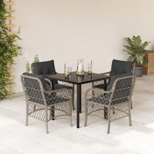 vidaXL Set comedor de jard&iacute;n 5 pzas cojines rat&aacute;n sint&eacute;tico gris claro