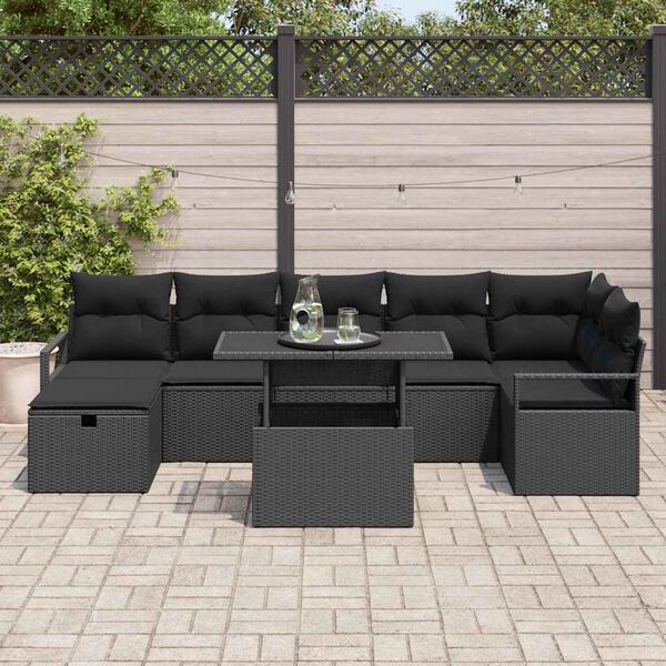 vidaXL Conjunto de sof&aacute; de jard&iacute;n con coj&iacute;n 8 pcs Negro Polirat&aacute;n