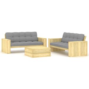 vidaXL Set de sof&aacute;s jard&iacute;n 3 piezas con cojines madera pino impregnada