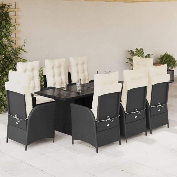 vidaXL Set de comedor de jard&iacute;n 9 pzas y cojines rat&aacute;n sint&eacute;tico negro