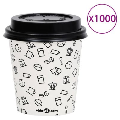vidaXL Vasos de papel café con tapas 200 ml 1000 uds blanco y negro