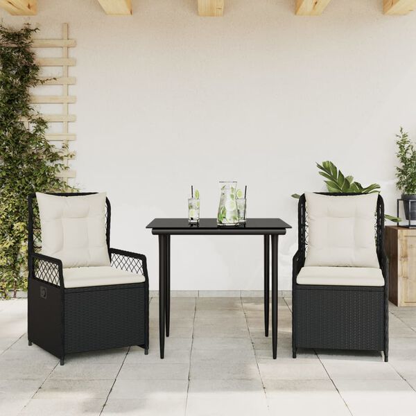 vidaXL Set comedor de jard&iacute;n 3 pzas con cojines rat&aacute;n sint&eacute;tico negro