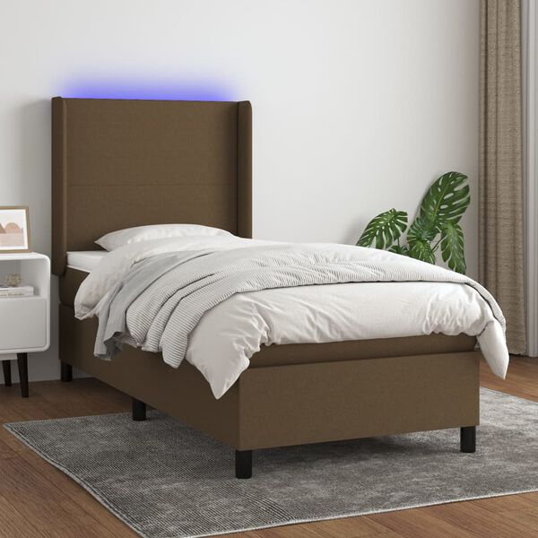 vidaXL Cama box spring colch&oacute;n y luces LED tela marr&oacute;n oscuro 80x200cm