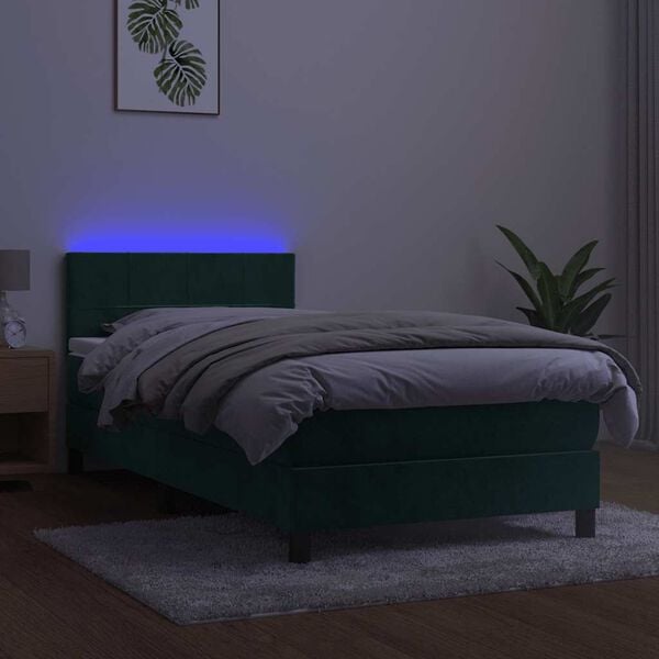 vidaXL Cama box spring colch&oacute;n y LED terciopelo verde oscuro 90x190 cm