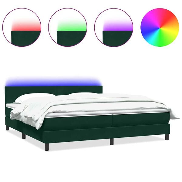 vidaXL Cama box spring con colch&oacute;n y LED terciopelo verde oscuro 180x220 cm