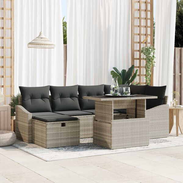 vidaXL Conjunto de sof&aacute; de jard&iacute;n 7 pcs Gris Claro rat&aacute;n sint&eacute;tico