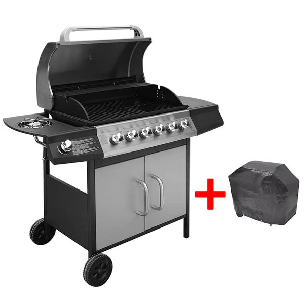 vidaXL Barbacoa grill de gas 6+1 quemadores negra y plateada