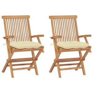 vidaXL Sillas plegables con cojines color crema, 2 unidades, madera maciza de teca.