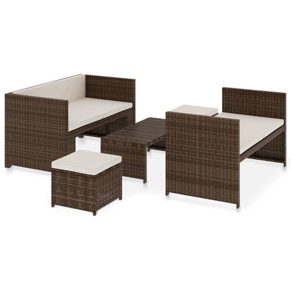 vidaXL Set muebles de jard&iacute;n 5 piezas y cojines rat&aacute;n sint&eacute;tico marr&oacute;n