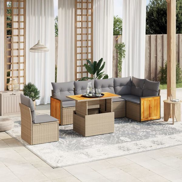 vidaXL Set sof&aacute;s de jard&iacute;n 7 piezas y cojines rat&aacute;n sint&eacute;tico beige