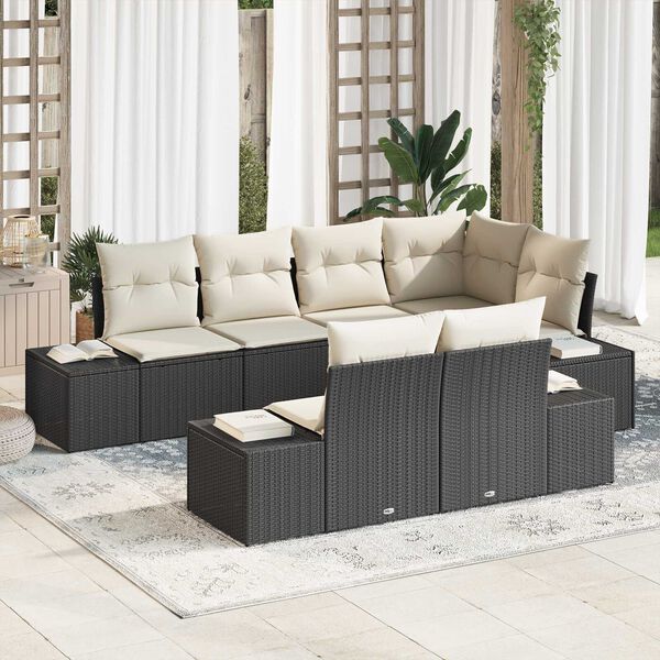 vidaXL Conjunto de sof&aacute; de jard&iacute;n 7 pcs Negro y crema rat&aacute;n sint&eacute;tico