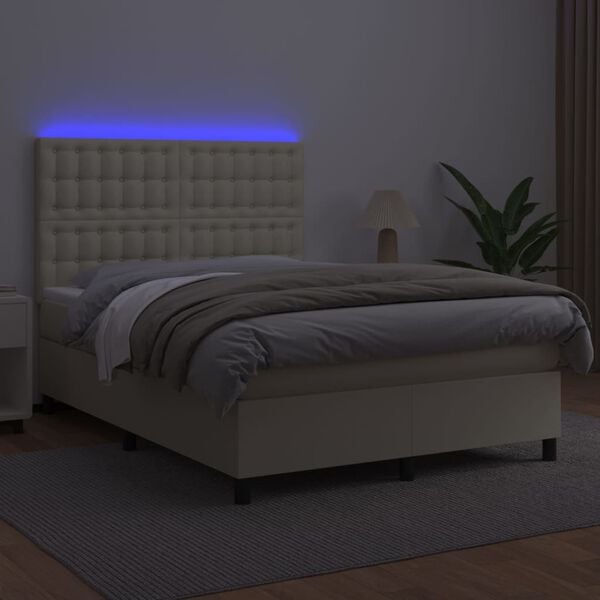 vidaXL Cama box spring colch&oacute;n y LED cuero sint&eacute;tico crema 140x190 cm