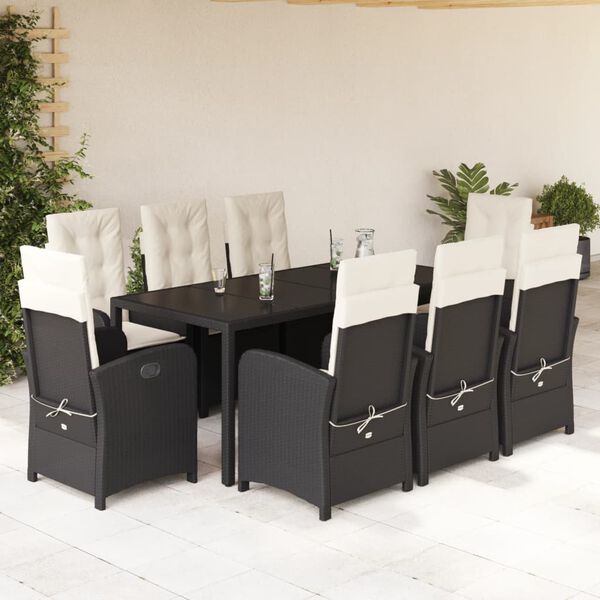vidaXL Set de comedor de jard&iacute;n 9 pzas y cojines rat&aacute;n sint&eacute;tico negro