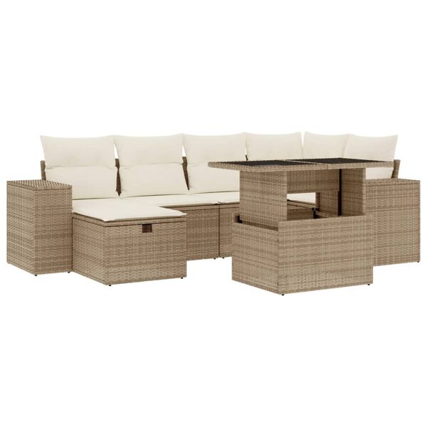 vidaXL Set sof&aacute;s de jard&iacute;n 7 piezas y cojines rat&aacute;n sint&eacute;tico beige