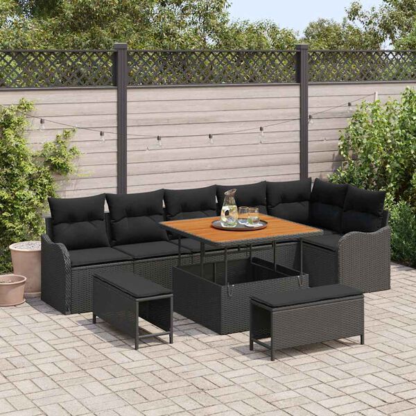 vidaXL Conjunto de sof&aacute;s de jard&iacute;n 9 pcs Negro rat&aacute;n sint&eacute;tico