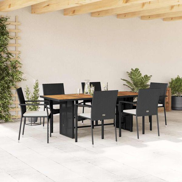 vidaXL Set de comedor de jard&iacute;n 7 pzas y cojines rat&aacute;n sint&eacute;tico negro