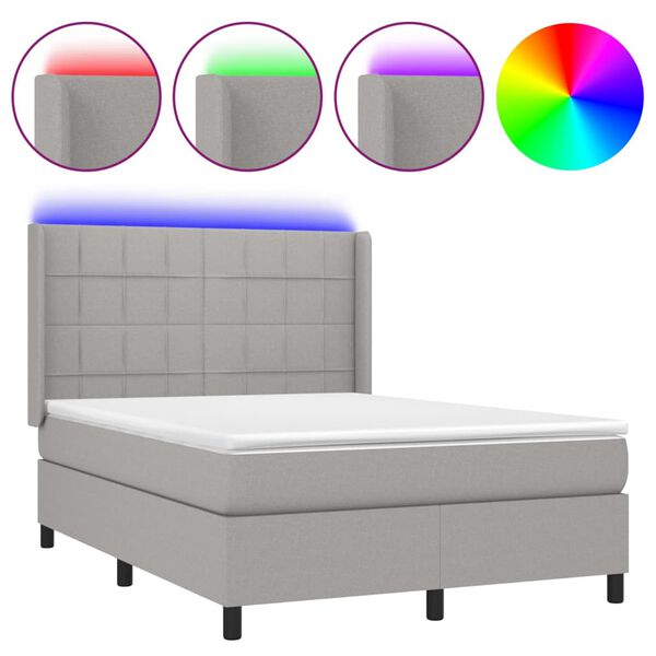 vidaXL Cama box spring colch&oacute;n y luces LED tela gris claro 140x190 cm
