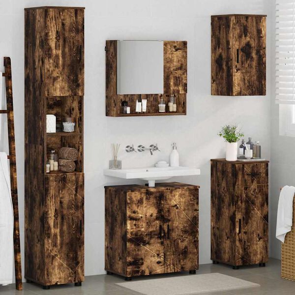 vidaXL Juego de muebles de ba&ntilde;o con caj&oacute;n 5 pcs Roble ahumado