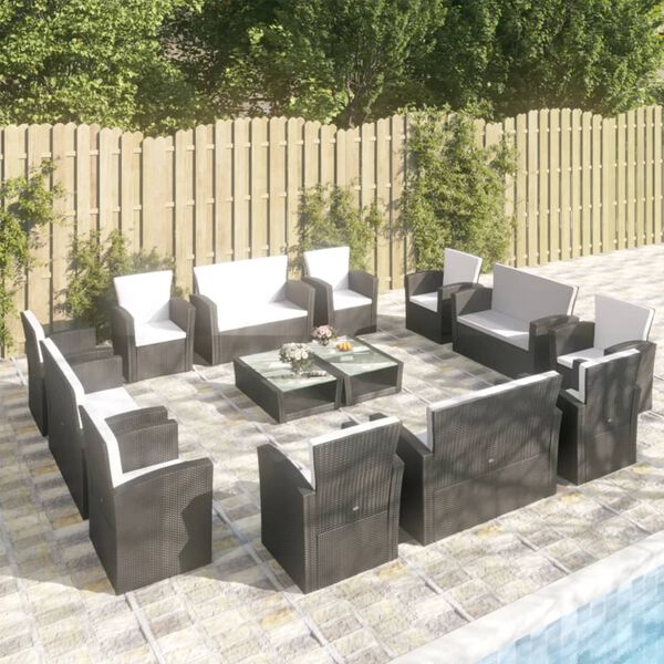vidaXL Set muebles de jard&iacute;n 16 piezas y cojines rat&aacute;n sint&eacute;tico negro
