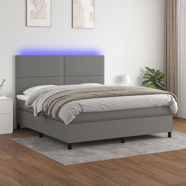 vidaXL Cama box spring colch&oacute;n y luces LED tela gris oscuro 160x200 cm