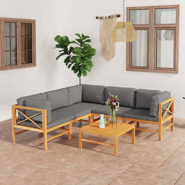 vidaXL Set de muebles de jard&iacute;n 6 pzas madera de teca y cojines gris
