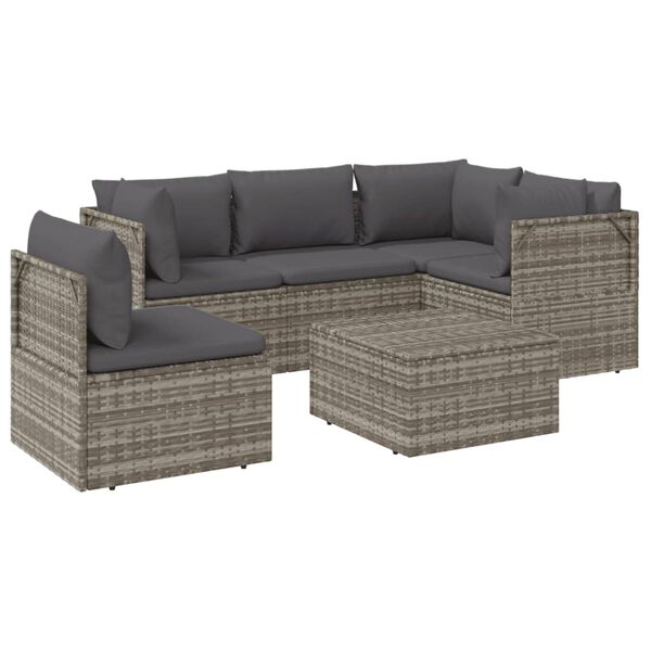 vidaXL Set de muebles de jard&iacute;n 6 pzas y cojines rat&aacute;n sint&eacute;tico gris