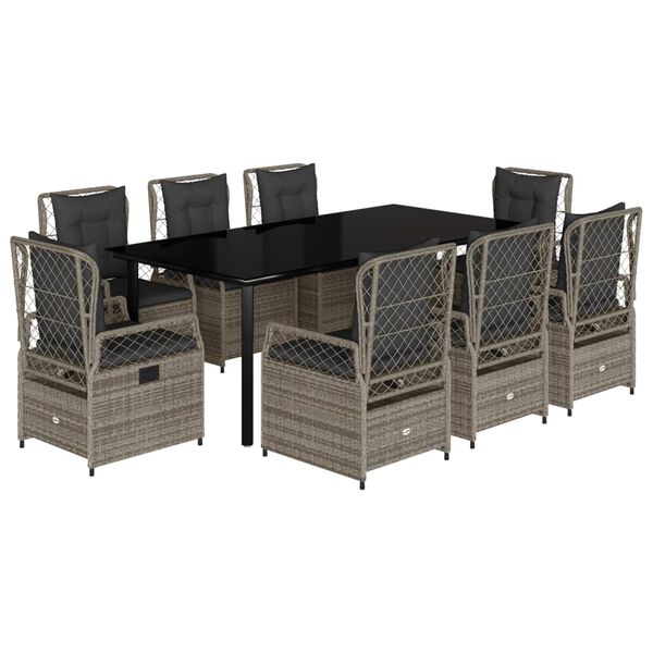 vidaXL Set comedor jard&iacute;n 9 pzas y cojines rat&aacute;n sint&eacute;tico gris