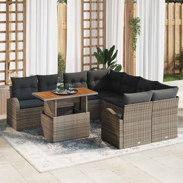 vidaXL Conjunto de sof&aacute; de jard&iacute;n con coj&iacute;n 9 pcs Gris