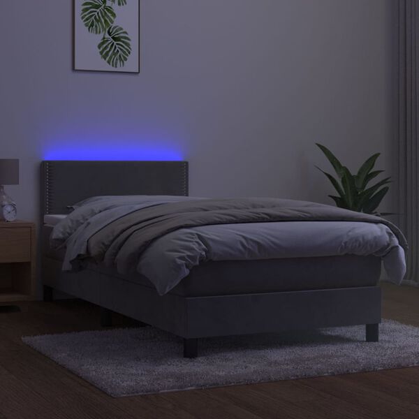 vidaXL Cama box spring colch&oacute;n y LED terciopelo gris claro 90x190 cm