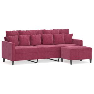 vidaXL Sof&aacute; de 3 plazas con taburete de terciopelo rojo tinto 180 cm