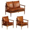 vidaXL Set de sof&aacute;s 3 pzas cuero aut&eacute;ntico madera maciza acacia marr&oacute;n