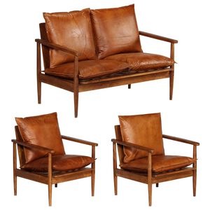 vidaXL Set de sof&aacute;s 3 pzas cuero aut&eacute;ntico madera maciza acacia marr&oacute;n