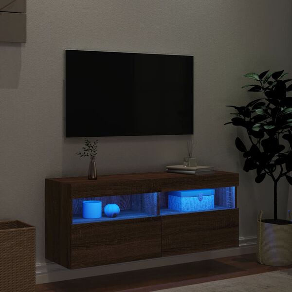 vidaXL Mueble de TV de pared con luces LED roble marr&oacute;n 100x30x40 cm