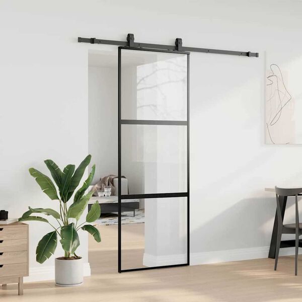 vidaXL Puerta corredera con herrajes negro 76x205 cm vidrio templado