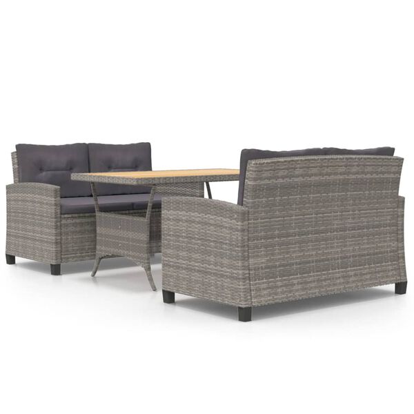 vidaXL Set de comedor jardín 3 piezas con cojines ratán sintético gris