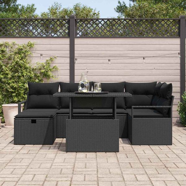 vidaXL Conjunto de sof&aacute; de jard&iacute;n con coj&iacute;n 7 pcs Negro Polirat&aacute;n